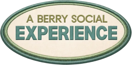Logo de A Berry Social Experience: un óvalo con el nombre del evento y tres copas con bayas alrededor