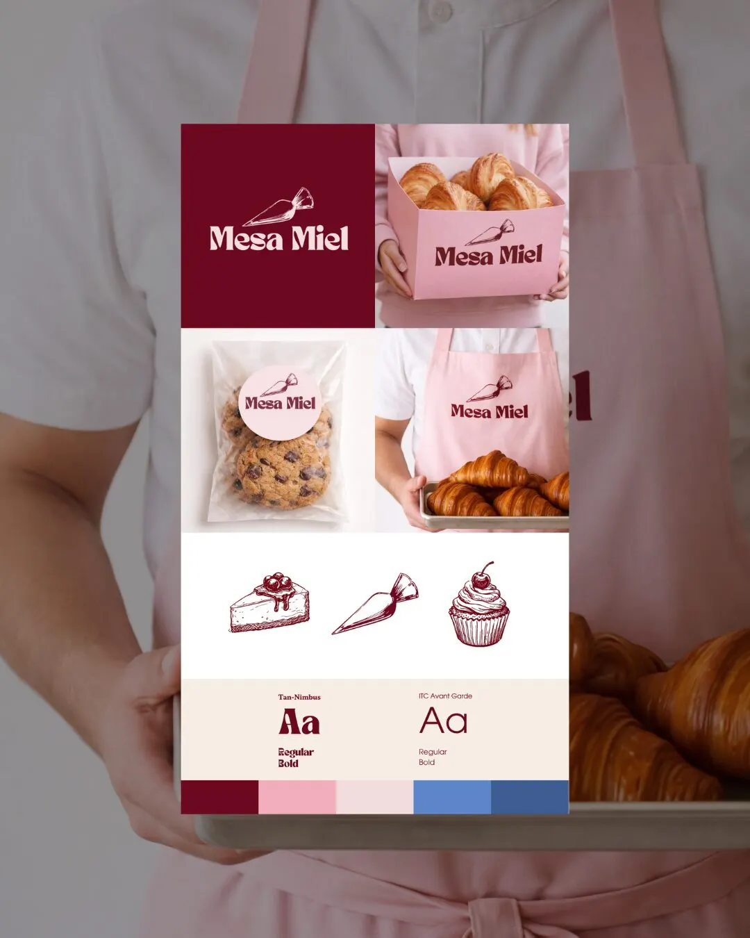 Tablero de marca de Mesa Miel: logo vino, empaques rosados, galletas, ilustraciones, tipografía y paleta.