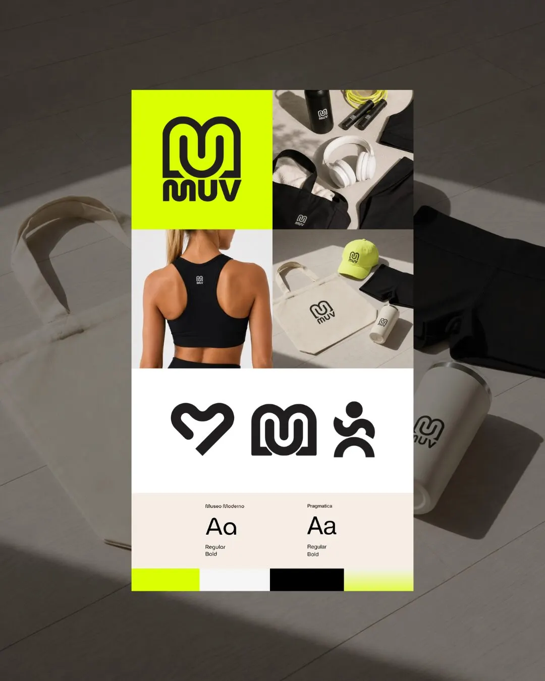 Tablero de marca de MUV: logo verde limón, ropa deportiva, accesorios, íconos, tipografía y paleta.