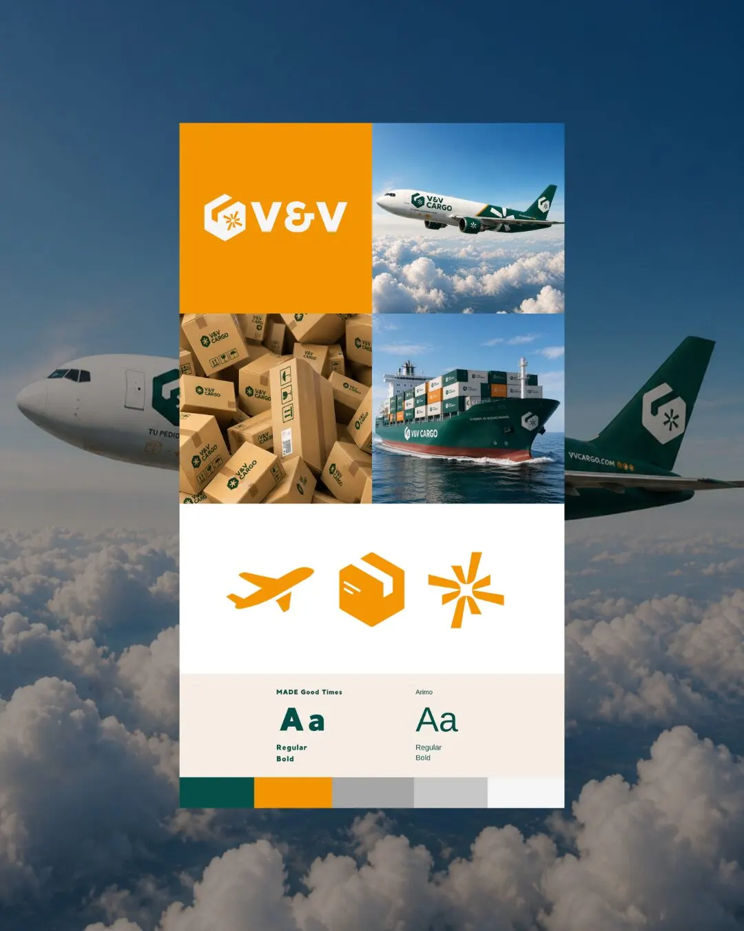 Tablero de marca de V&V Cargo: logo naranja, avión y barco de carga, cajas, íconos, tipografía y paleta.