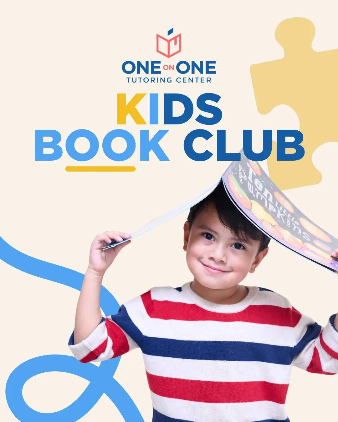 Pieza de One on One Tutoring Center con el texto Kids Book Club: un niño con un libro sobre la cabeza, sobre fondo crema con formas azules y amarillas.