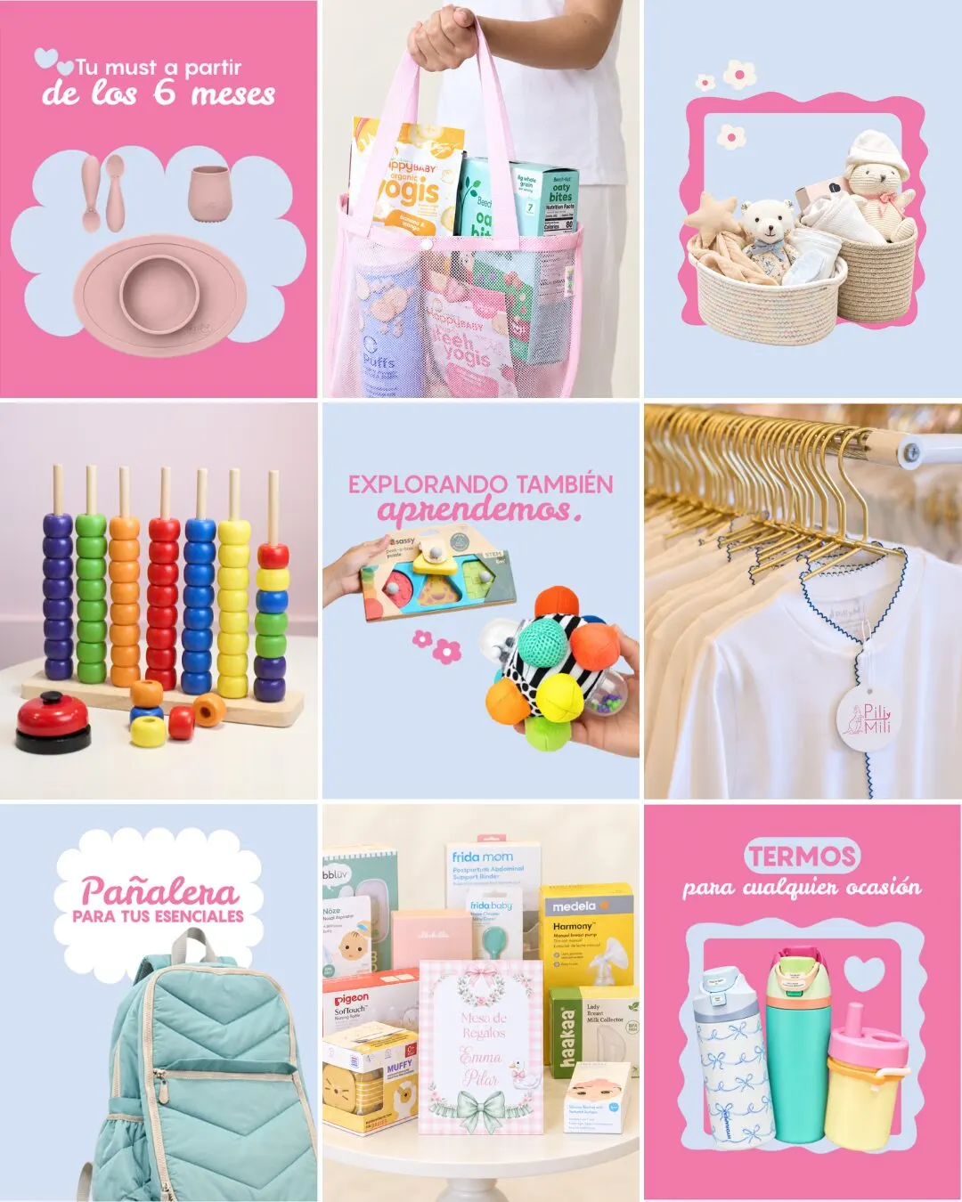 Cuadrícula de feed de una tienda de bebé con juguetes, ropa y accesorios en tonos pastel.